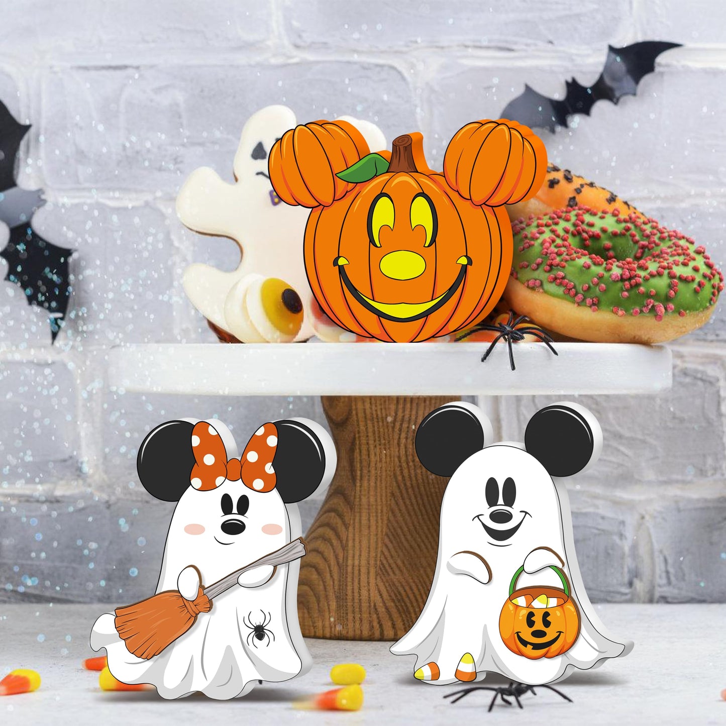 Halloween 3D Mouse Shaped Wooden Table Decor，3 Pcs Cute Pumpkin Witch Ghost Spider Wooden Tiered Tray Decor，wood Centerpiece Tabletop Ornament for Holiday Tiered Tray Halloween Party Decoration