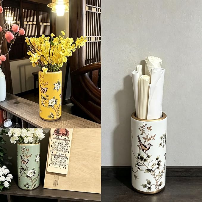 Ceramic Entryway Umbrella Stand,Handmade Appliques Chinese Umbrella Stand Barrels,Vintage Floor Standing Cane Holder Placed & Flower Vases for Hotel Office Home Entrance,D,17.3in