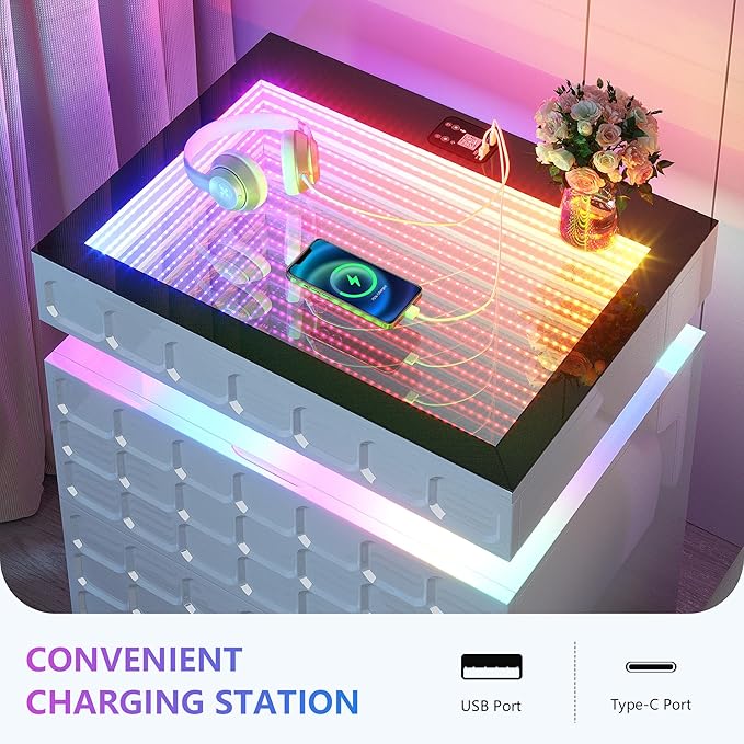 Night Stand with Charging Station and Smart RGB Lights, LED Nightstand with