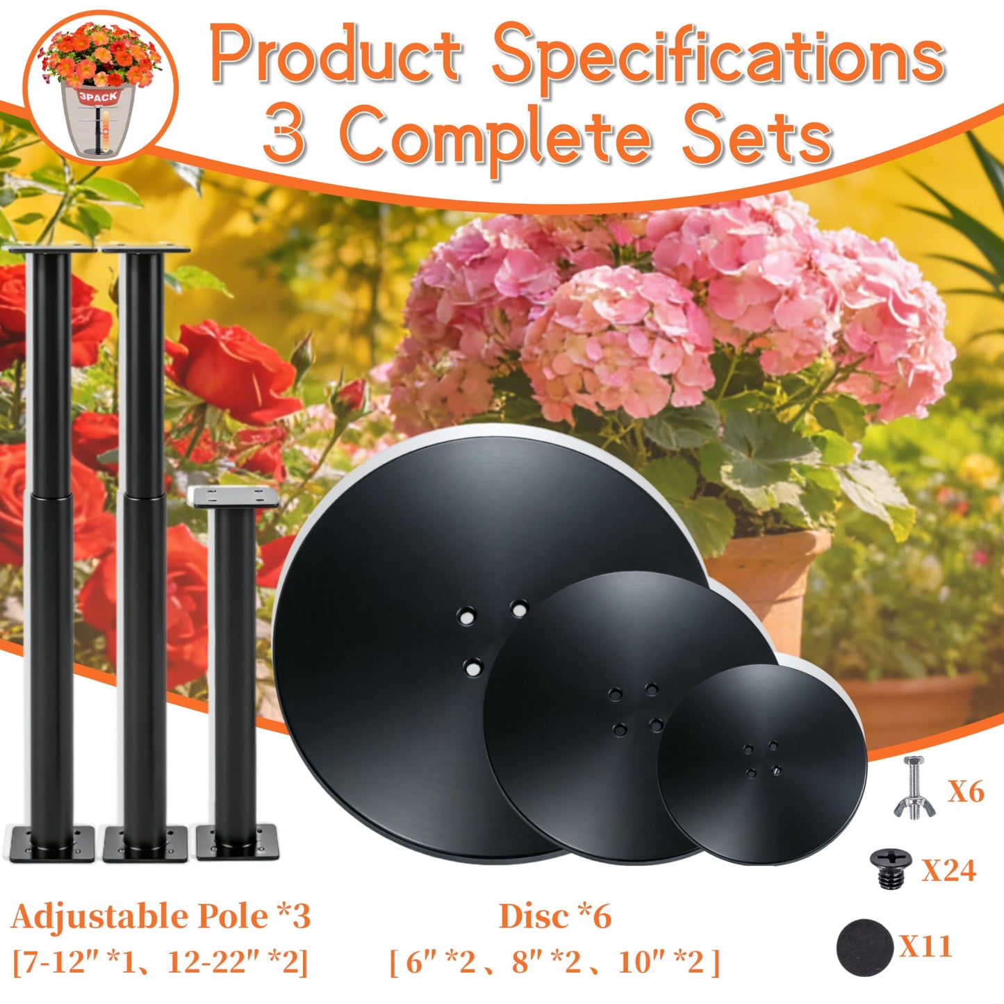 Sskzchh 3-Pack Adjustable Plant Risers for Inside Pots, 7"-22" Metal Plant Riser/Lifters for Pots Outdoor & Indoor, Tall Square Round Taper Planters, Planter Insert 6"/8"/10" Base & Top, Black