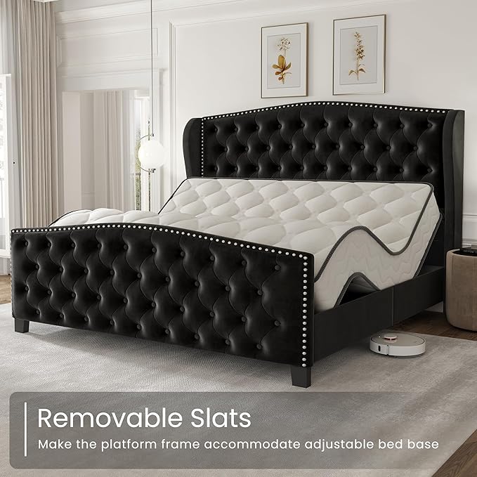 LARMACE Queen Size Bed Frame Velvet Upholstered Platform Bed