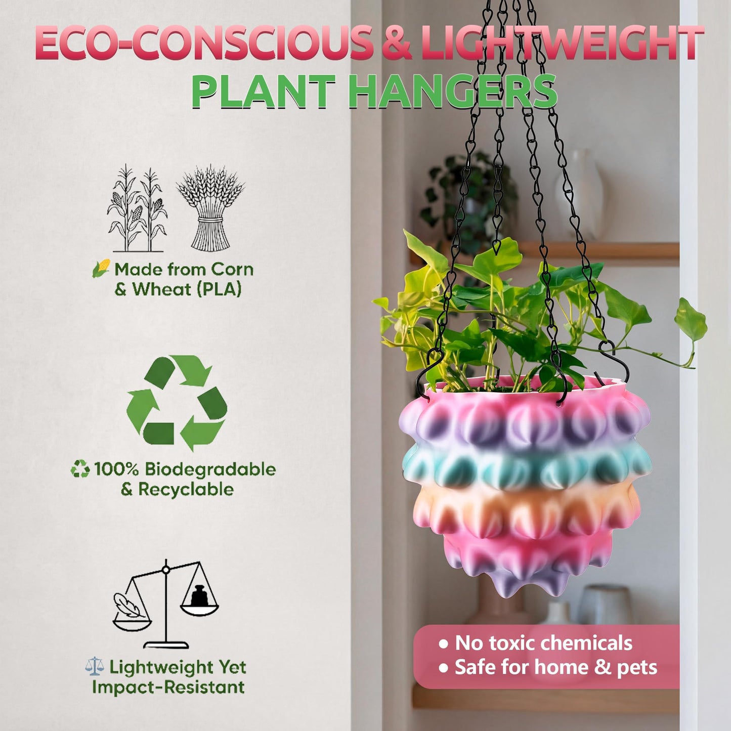 Enhon 6 Inch Hanging Planters for Indoor Plants, Unique Hanging Pots for Plants with Drainage and Hanger Baskets Hangers, Spiked Orb Plant Hanger, Silky Rainbow Finish