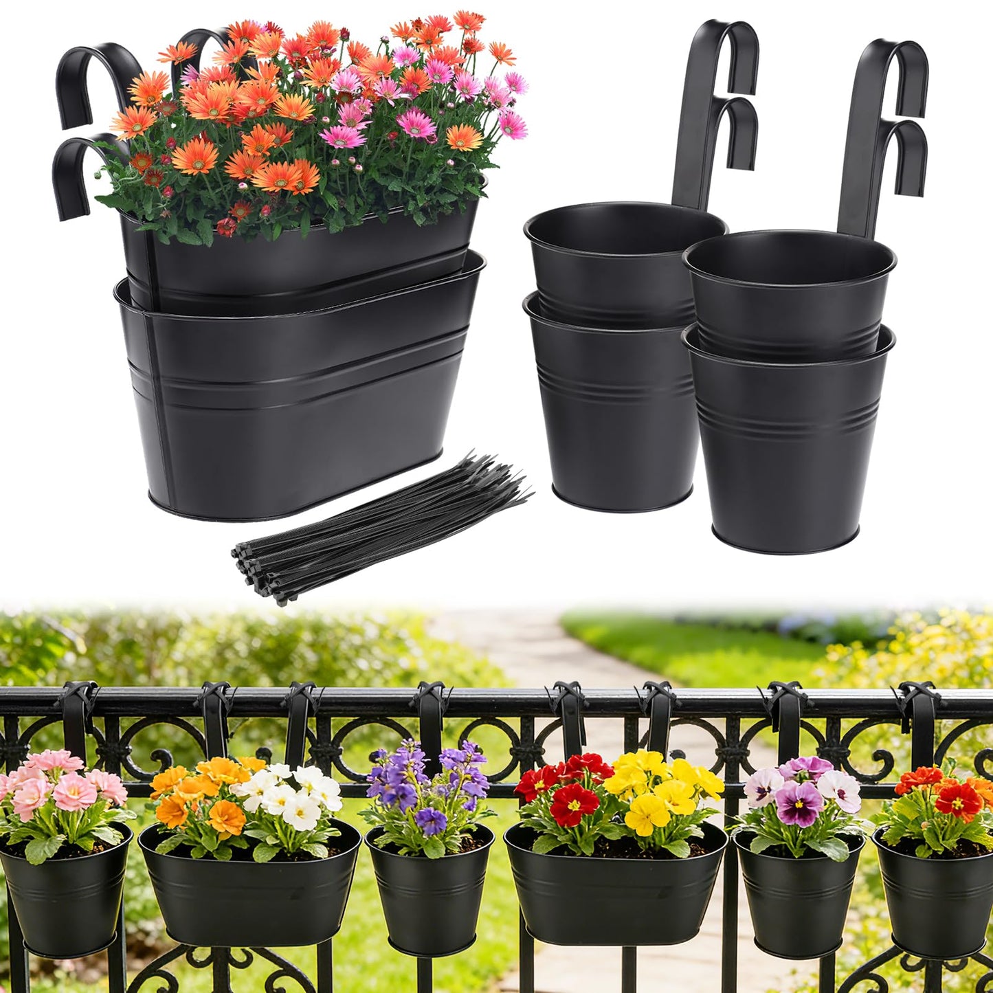 MADHOLLY 6Pcs Railing Planter with Drainage - 10.8" & 5.1" Bucket Pots for Balcony Railing, Metal Iron Hanging Flower Pots for Herb Planter Outdoor Deck & Rail Decor with Hook, Black