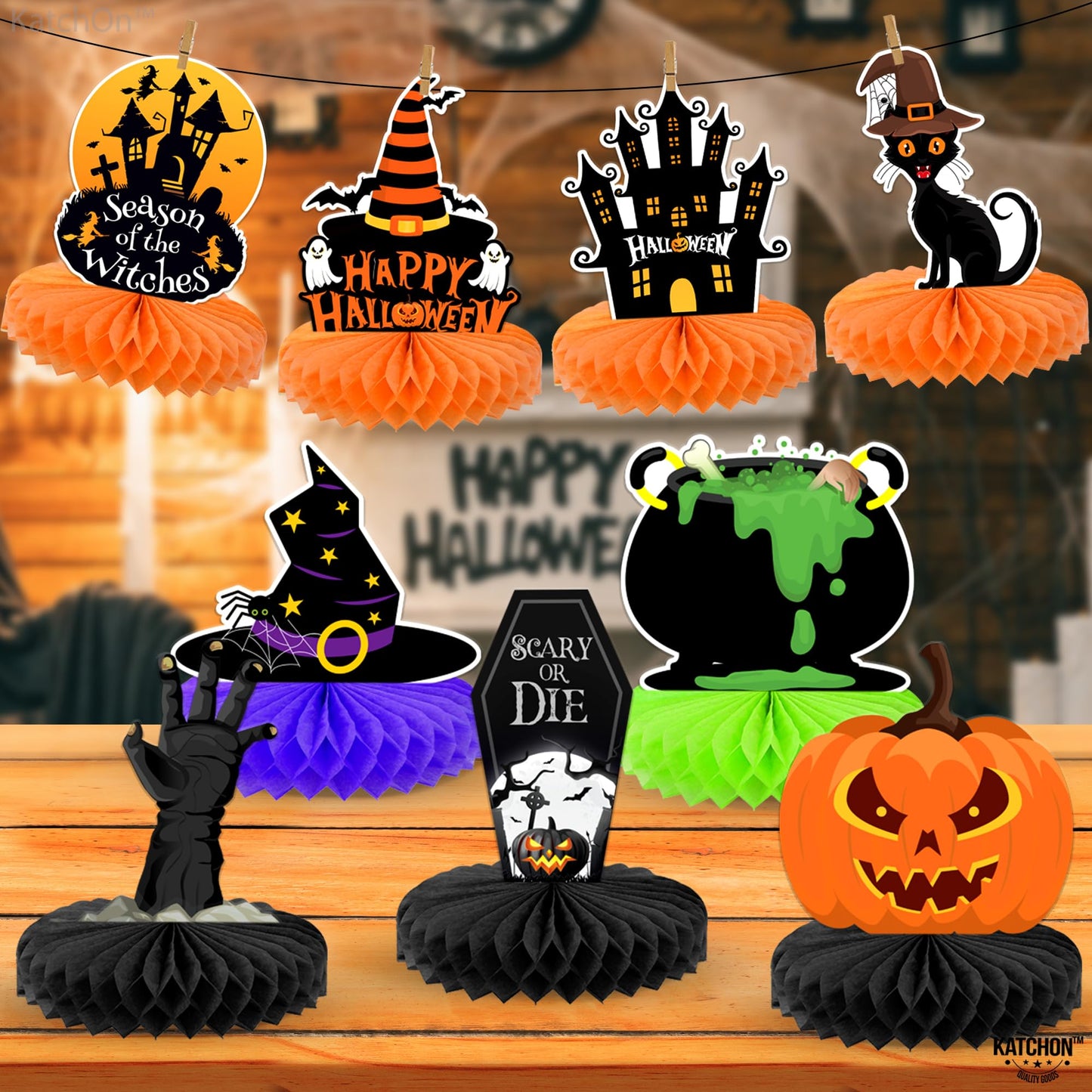 KatchOn, Halloween Centerpieces for Tables - Pack of 9 | Witch Centerpiece, Halloween Table Decorations | Orange and Black Spooky Summerween Party Decorations | Summerween Decor