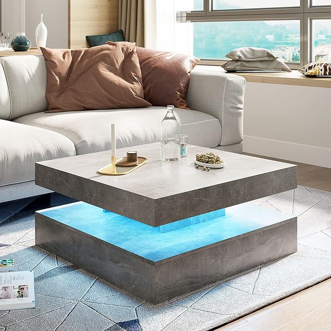 HedoAjim Grey LED Coffee Table for Living Room, Living Room Table 2-Tier Square