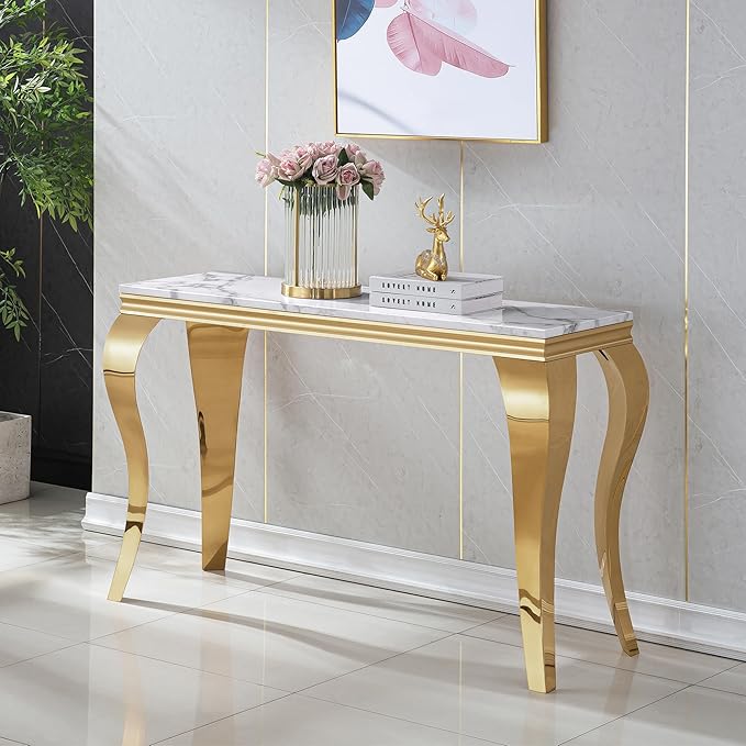 Henf 47" Marble Console Table Entryway Table Modern White Faux Marble Accent