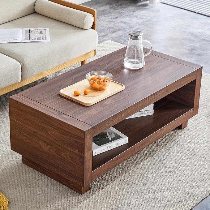 Walnut Mid-Century Coffee Table, 47.2" W×23.6" D×18" H，Rectangular MDF Storage