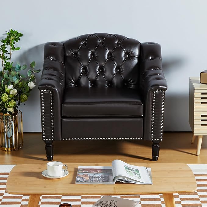LEVNARY Chesterfield Chair Leather, Upholstered Sofa Chair