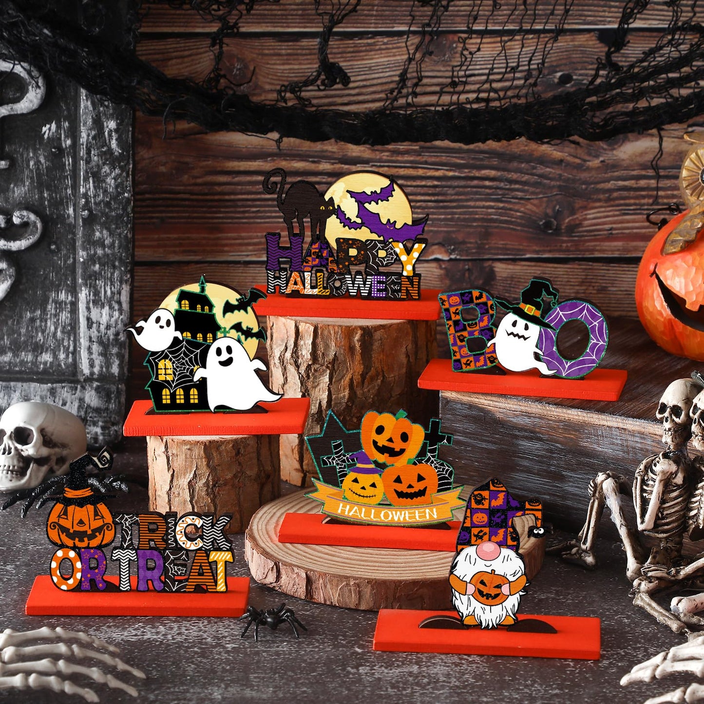 Hoolerry 6 Pieces Halloween Table Decorations Pumpkin Ghost Witch Hat Table Centerpiece Trick or Treat Table Topper Signs for Halloween Table Party Living Room Kitchen Office Bar Decorations