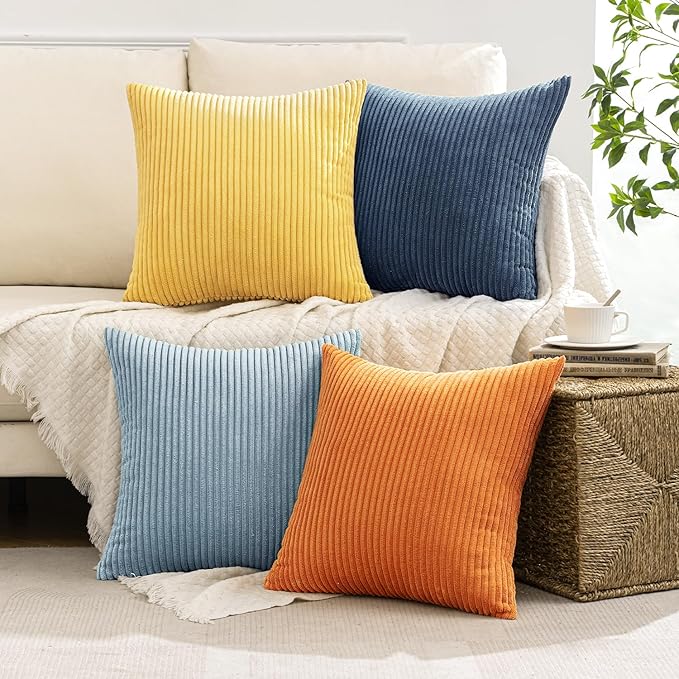MIULEE Pack of 4 Blue-Orange Corduroy Decorative Throw Pillow Covers 18x18 Inch