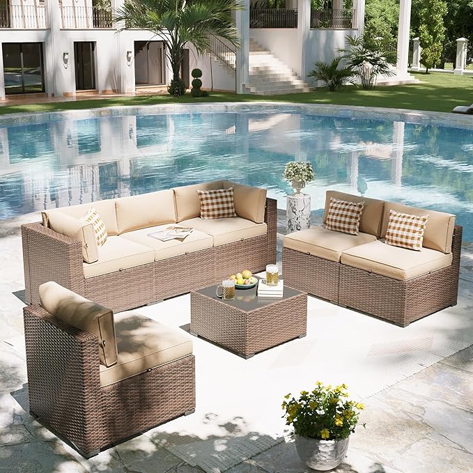 Aoxun Patio Furniture Set, 7 Piece Outdoor Sectional Sofas