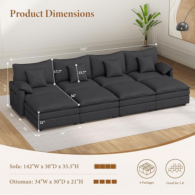 Vesgantti 142" Oversized Sectional Sofa Bed, 8-Seater Modular Sleeper Cloud