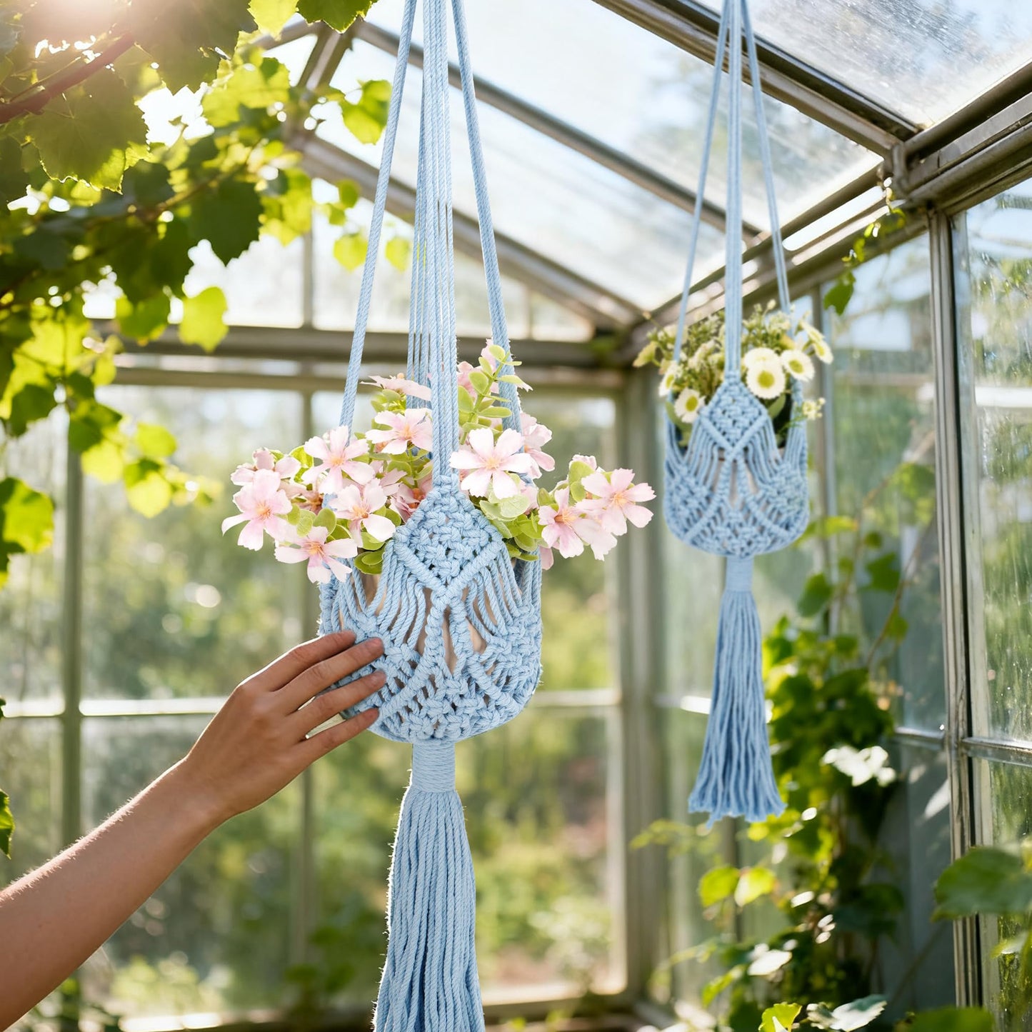 BUNCHBRAVO 2 Pack Macrame Plant Hangers, 33-Inch Cotton Rope Hanging Planters with Diamond Design, Boho Home Decor for Indoor and Outdoor Use, Blue