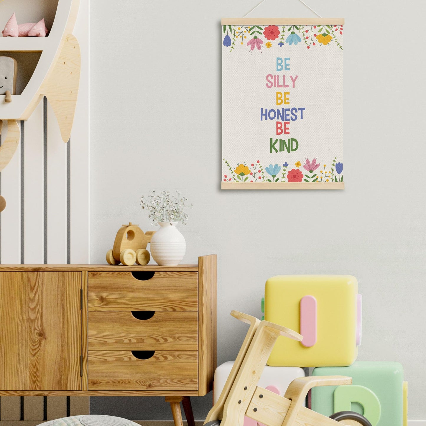 MOTERMATE Inspirational Girl Nursery Poster Hanger Frame, Kids Affirmations Floral Wall Hanging Decor Art Framed for Girls Room Bedroom, Be Silly Be Honest Kind Wall Poster Prints, 12x16 Inch