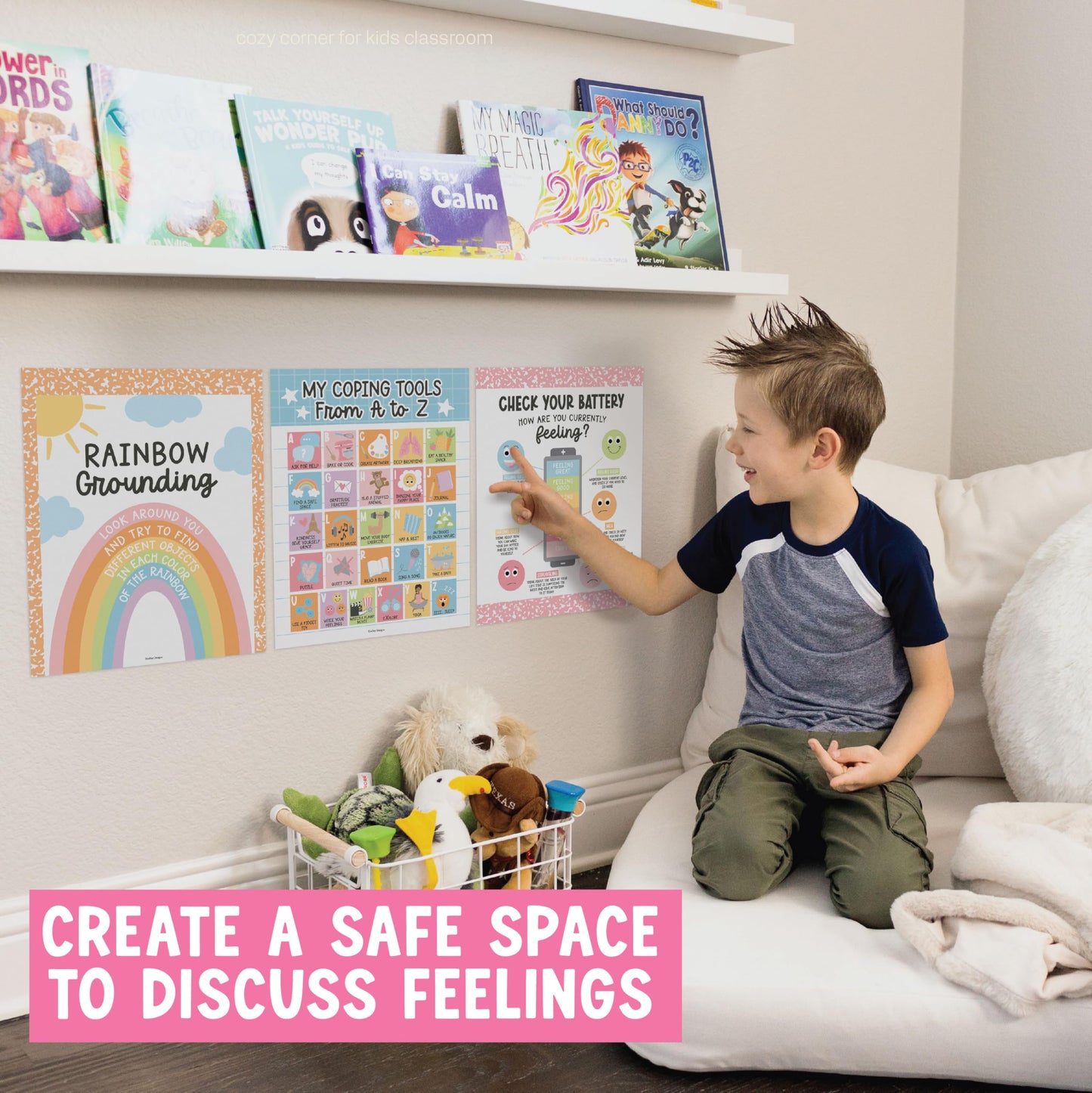 Hadley Designs 9 Calming Corner Posters for Classroom Must Haves - Calm Down Corner Supplies with Emotions Chart, School Counselor Mental Health Poster, Feelings Chart For Kids, Pastel Classroom Decor