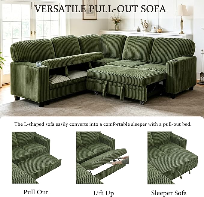 L-Shaped Sectional Couch with Storage and Pull Out Bed, Convertible Sofa Bed