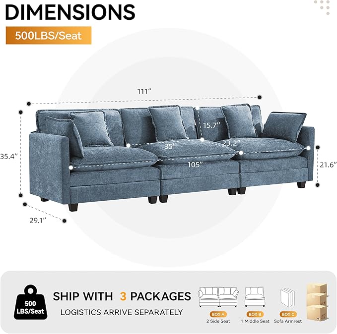 111'' Sectional Cloud Deep Seat Couch, Modern Comfy Chenille Modular Sectional