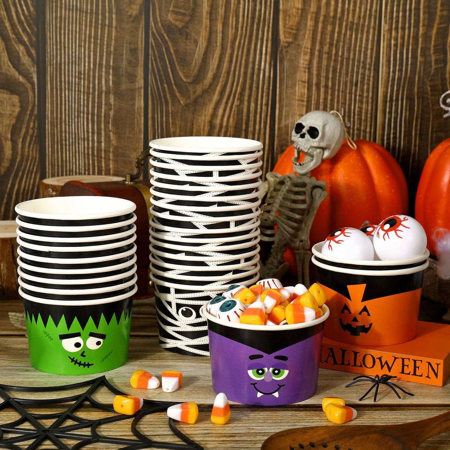 AnyDesign Halloween Treat Cups 100 Pcs 6.5 oz Disposable Paper Bowls in 4 Styles Pumpkin Mummy Vampire Monster Funny Character Soup Cups for Hot Cold Drinks Party Supplies