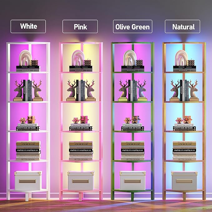 TUTOTAK Corner Shelf with LED Light, 6-Tier Corner Bookshelf