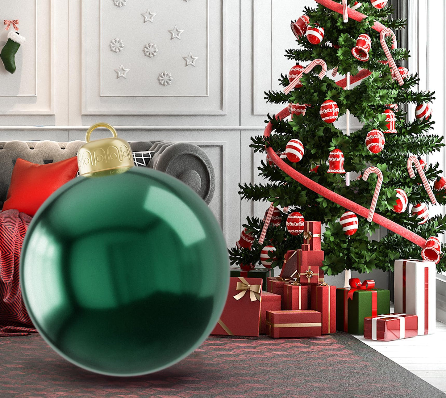 24 Inch Inflatable Christmas Balls Large PVC Inflatable Christmas Ornaments Ball, Xmas Blow up Ornaments for Outside Holiday Yard Lawn Porch Decor(Emerald Green)