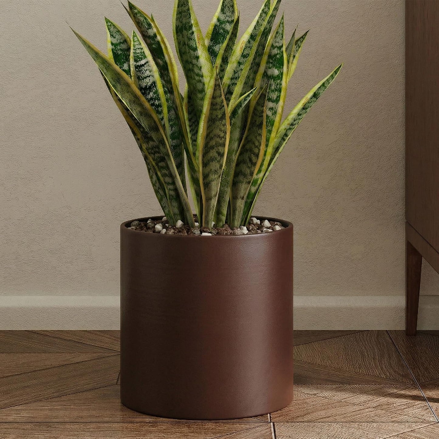Rioneta Coffee Metal Plant Pot with Drainage Hole,7 Inch Mid Century Modern Small Pot Indoor Outdoor Planters for Succulents, Flowers & Home Decor Gift Window Living Room Bedroom