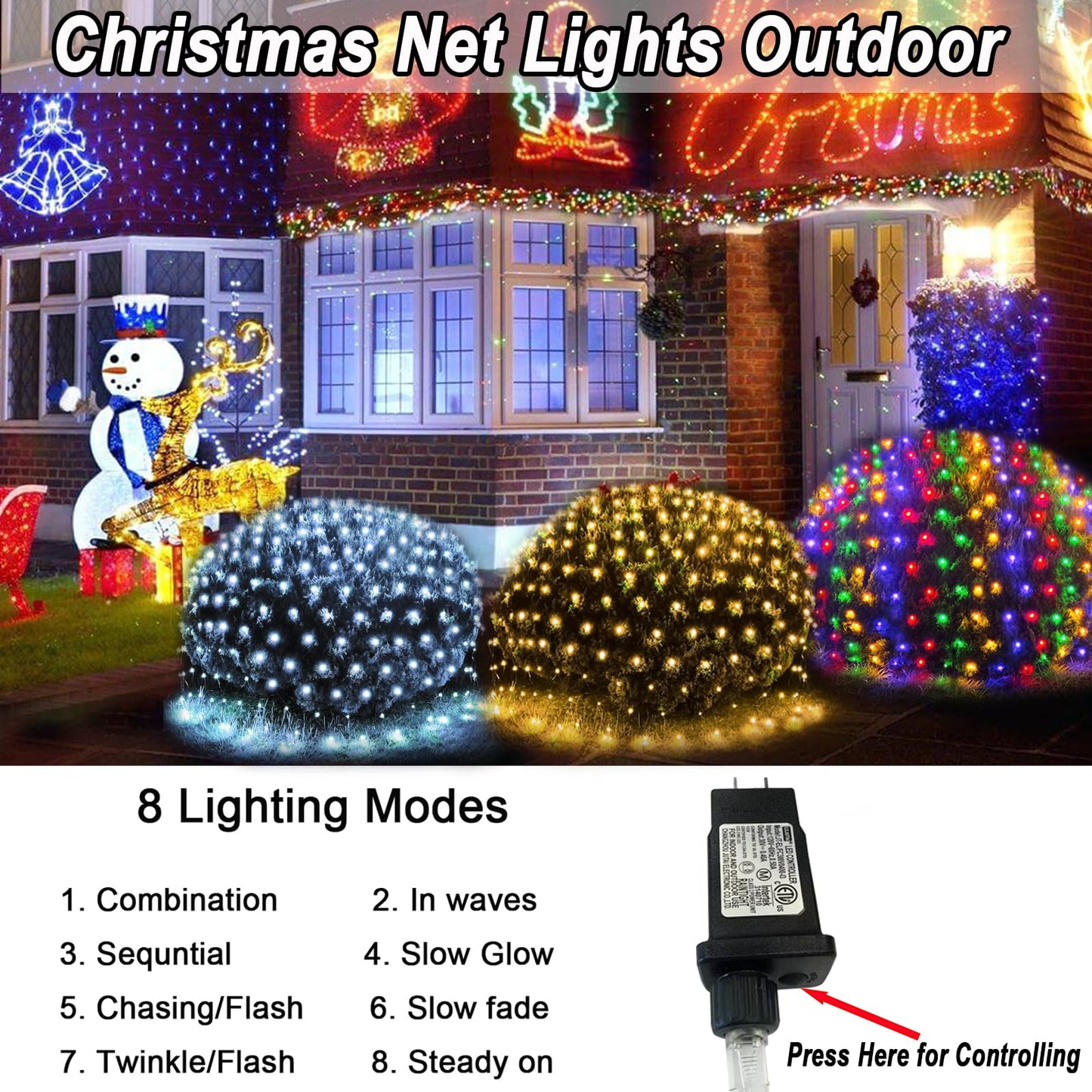 Lovelite 610 LED Christmas Net Lights, 34.5ft x 5ft Mesh Lights Outdoor Clear Wire 8 Modes, Waterproof Connectable String Lights Plug in for Bushes Xmas Tree Garden Holiday Party Decor - Warm White