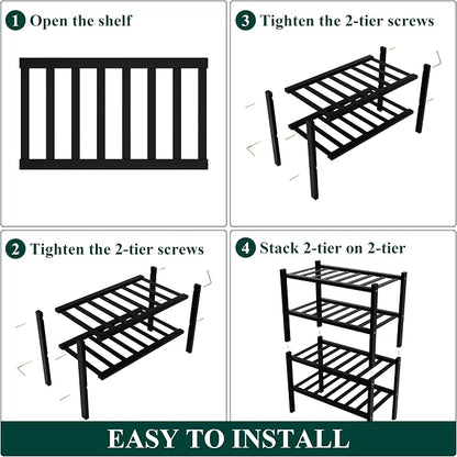 Smiry Small Bamboo Shoe Rack, 4 Tier Free Standing Wooden Shoe Organizer, Stackable Wood Shoe Storage Shelf for Closet, Entryway, 12 Vertical Slats, 2+2 Stack Standard Legs, 17.3"x11"x26", Black