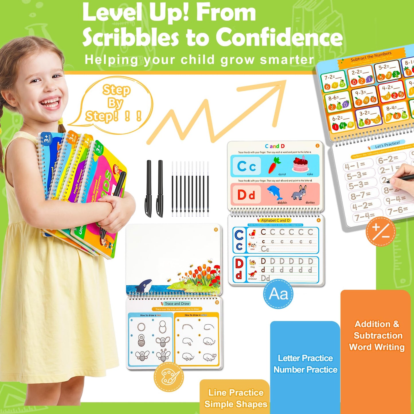 Magic Grooved Writing Practice for Kids Age 3-5, Reusable Grooved Handwriting Practice Kindergarten Workbooks for Kids Ages 3-8, Preschool Learning Activities, Tracing Books Gifts for Boys Girls