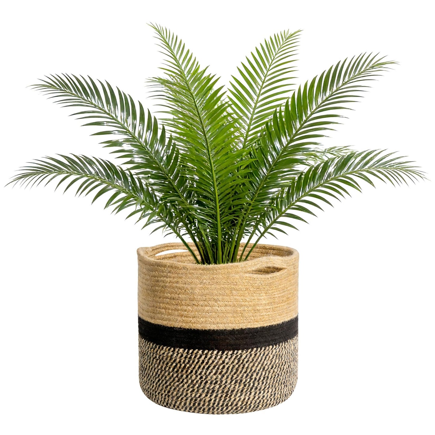 JBESUHI Sturdy Jute Rope Plant Basket - Modern Woven Basket for 10" Flower Pot & Floor Indoor Planters, 11”x11” Storage Organizer, Rustic Home Decor with Black and Beige Stripes