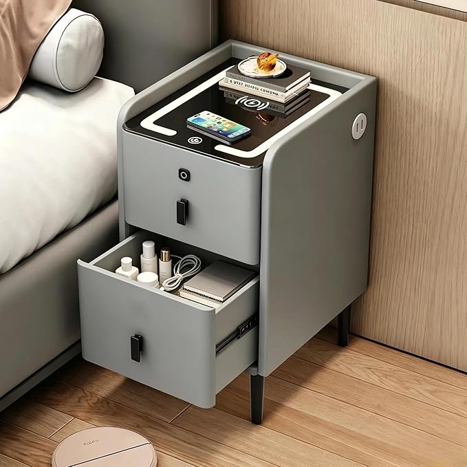 Smart Nightstand with Fingerprint Lock Drawers, Wireless Charging Support