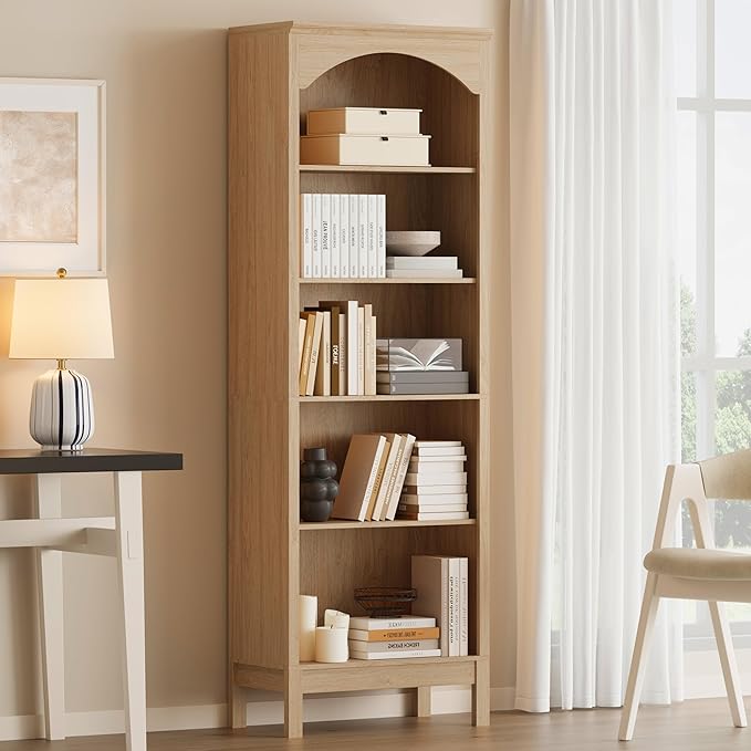 Arched Bookshelf with 5 Tier Open Shelves, Study and Living Room, Natural Oak