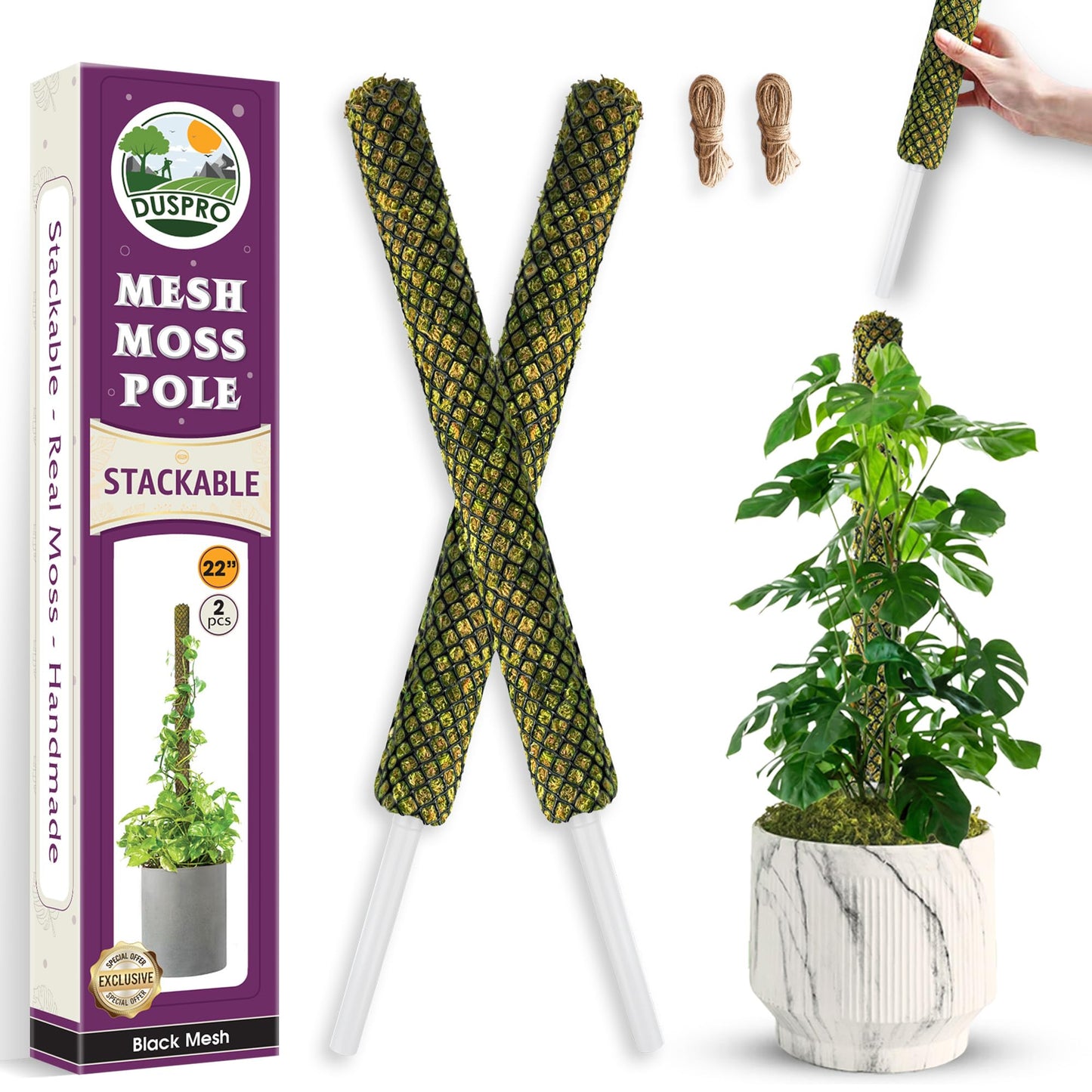 DUSPRO 2 Pack 22" Black Stackable Mesh Moss Pole for Plants – Extendable Up to 39", Natural Forest Moss Pole Monstera Plant Support, Moss Stick for Climbing Plants, Indoor Plant Stakes Accessories