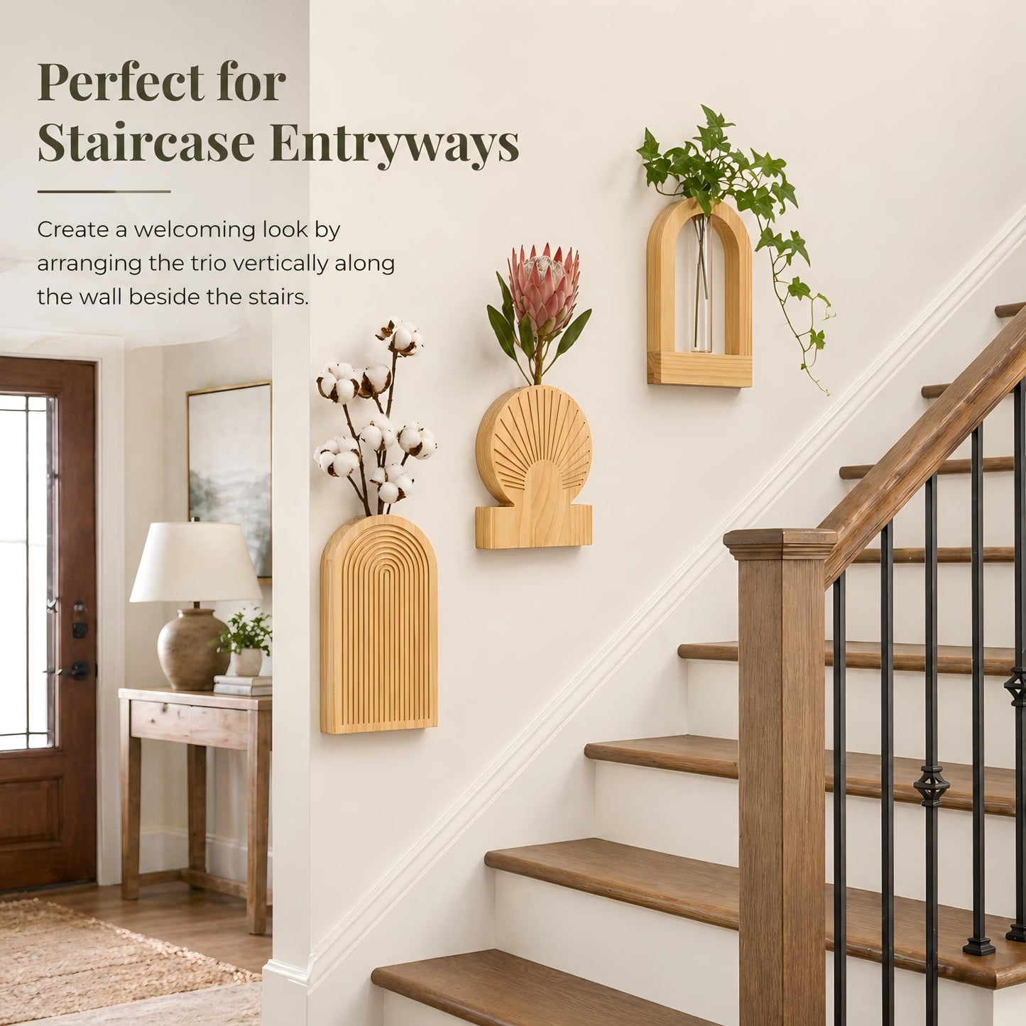 TBWIND Wooden Wall Vases Set of 3, Modern Farmhouse Arch Propagation Station with Glass Planter Tubes, Boho Fluted Hanging Decor for Entryway, Living Room & Narrow Spaces (Natural)