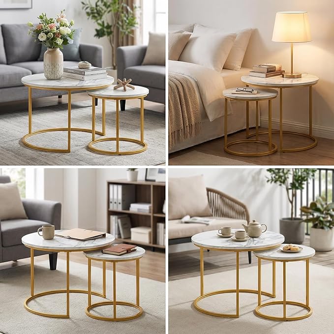 Round Nesting Coffee Table Set of 2, Modern Marble Pattern Wooden Nesting Tables