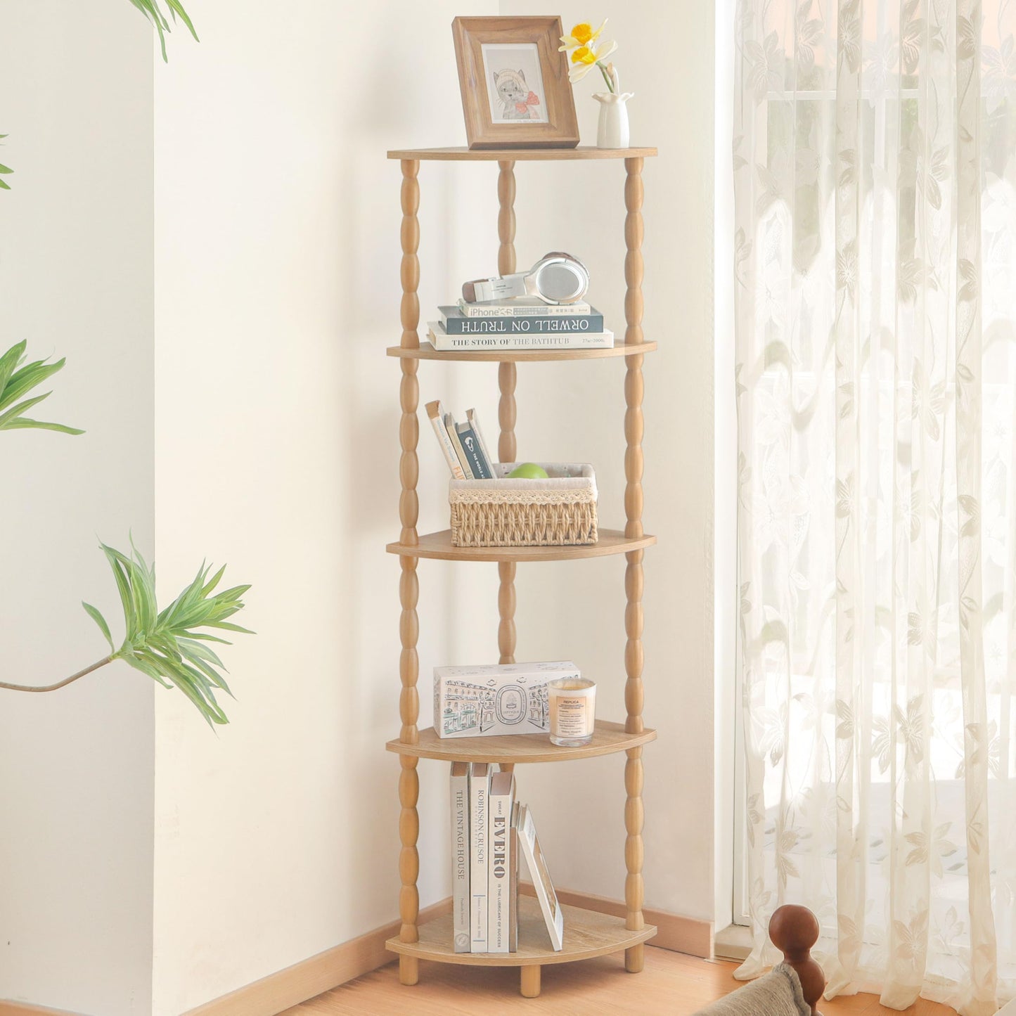 MaxSmeo Corner Bookshelf, 5-Tier Corner Shelf Stand, Modern Corner Plant Shelves with Storage, for Bedroom, Bathroom, Kitchen, Living Room (Rustic Walnut)
