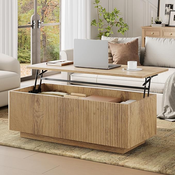 FABATO Mid Century Modern Coffee Table, Wooden Fluted Center Table