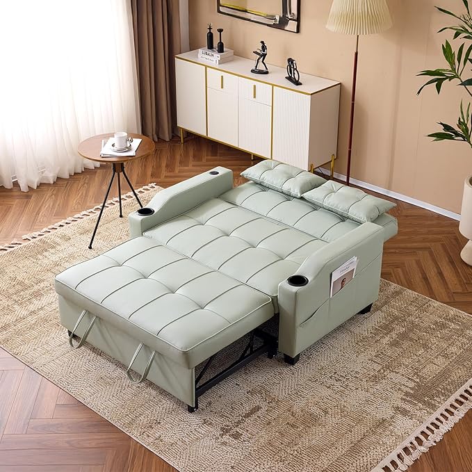 VINGLI Green Futon Sofa Bed Convertible Loveseat Sleeper Couch, Faux Leather