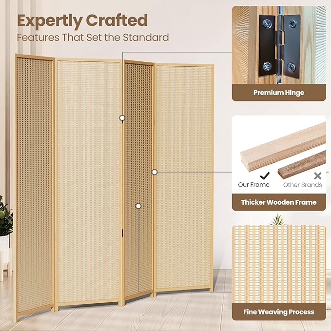 4 Panel Room Divider and Extra Wide Folding Privacy Screen, Bamboo Room Divider