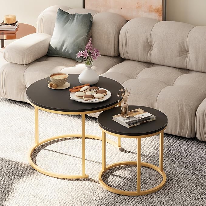 Garden 4 you Nesting Coffee Table, 23.6" Round Coffee Table Set of 2, Wooden