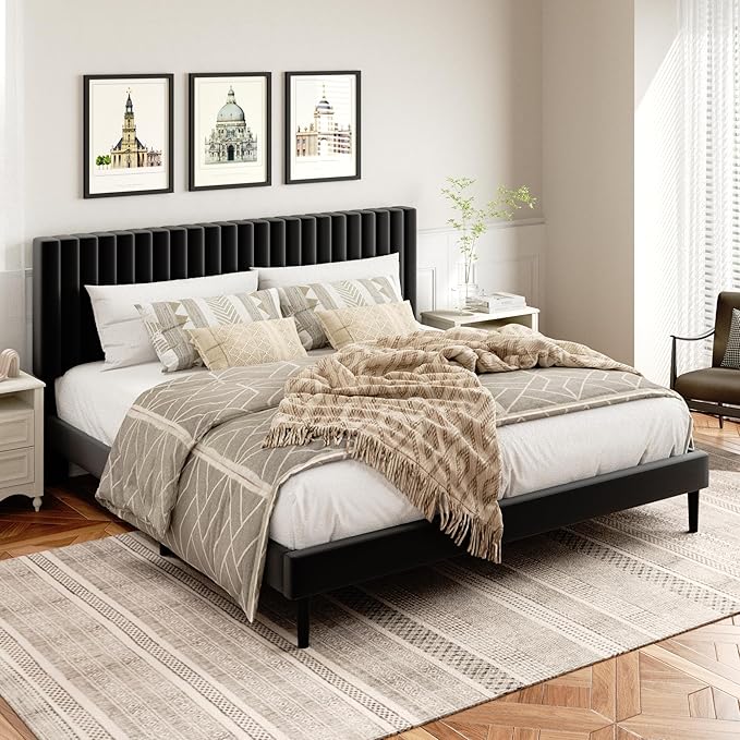 HAOARA King Size Bed Frame, King Size Platform Bed Frame and Velvet Upholstered