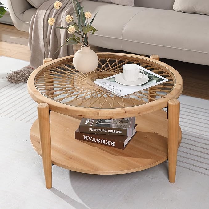 RUSTOWN Rattan Coffee Tables, 2-Tier Round Boho Cocktail Tables, Mid Century