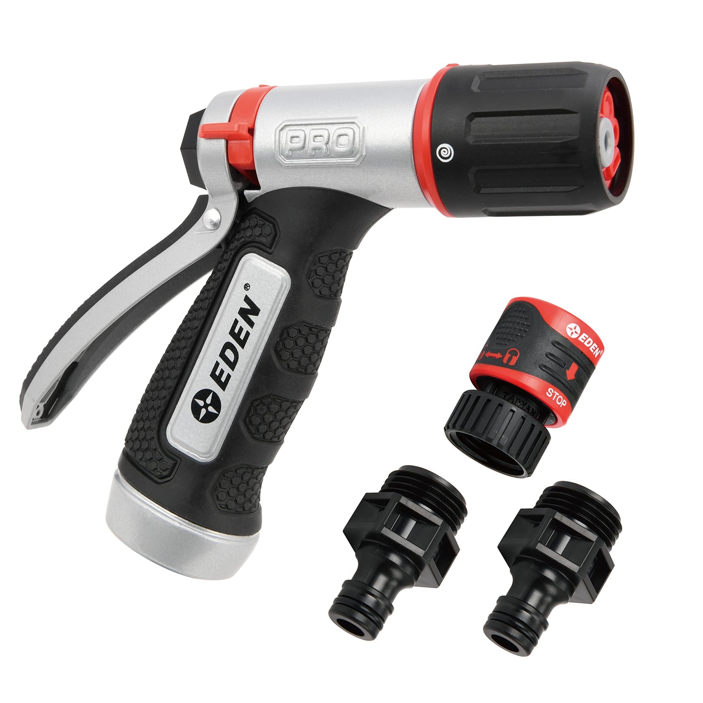 Redesigned Eden PRO 94844 Metal Rear-Trigger 4-Pattern Turbo Nozzle | Heavy-Duty Hose Sprayer for Garden, Lawn, Plants, Outdoor Cleaning, Durable Aluminum Core, Quick Connect Set Bundle