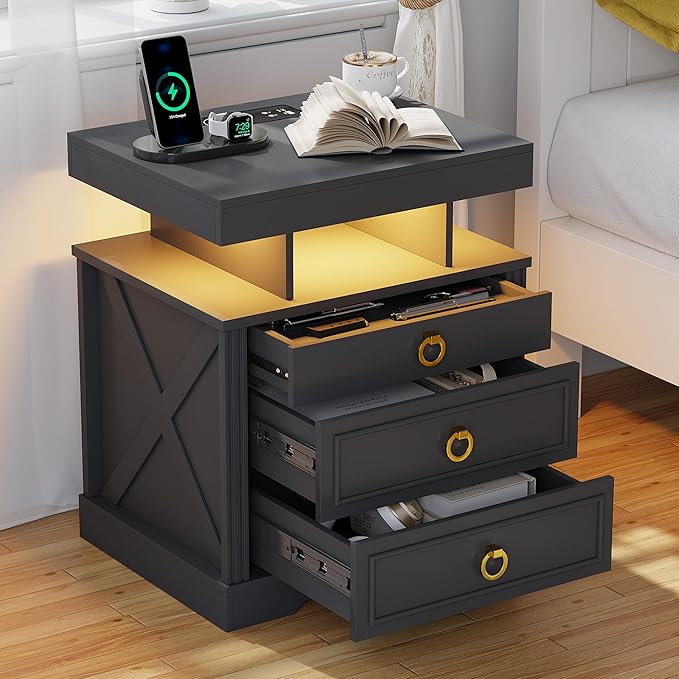 HNEBC Nightstand with Gun Drawers, LED Farmhouse Night Stand with Charging