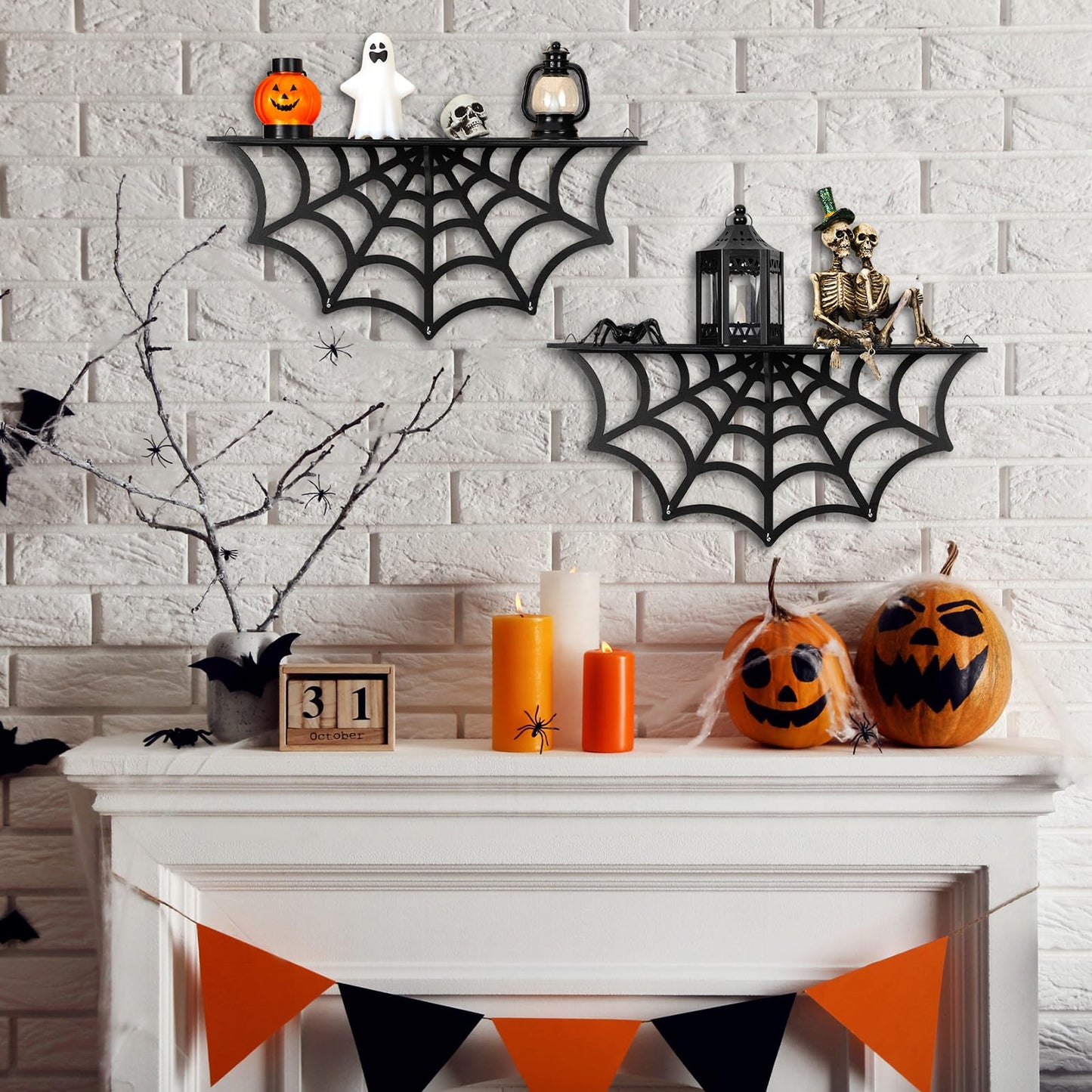 Geetery 3 Sets Gothic Spider Web Shelves, Wall Mounted Goth Shelf, Display Shelf for Crystal and Stones, Wooden Floating Shelf with Hooks for Bedroom Living Room, Halloween Witchy Hanging Decor