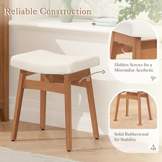 LUE BONA Solid Wood Vanity Bench Stool, 17.3" H Ergonomic Saddle Stool