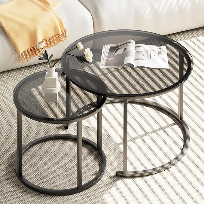aboxoo Nesting Coffee Table Grey Glass Table Set of 2, Small Round Glass