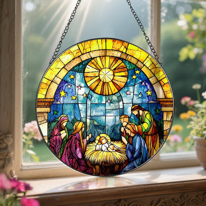 LAOWEIKI 8'' Stained Glass Window Hanging, Nativity Scene Ornament, Christian Christmas Ornament, Holy Family Decoration, Religious Decor, Gift for Christmas, Religious Gifts, Christian Gifts