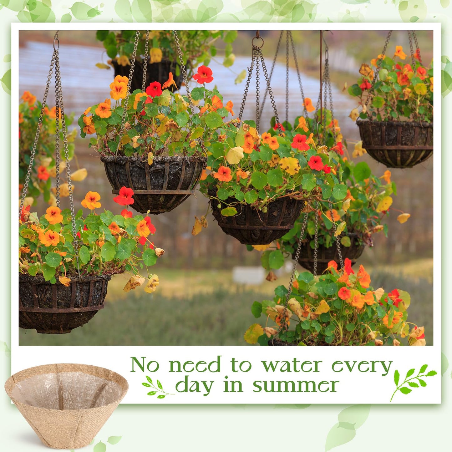 Novabright 4 Pack Round Burlap Liners with Drainage Hole and Plastic Interior Liner 14 Inch Rustic Burlap Planter Liner for 14" Diameter Hanging Baskets