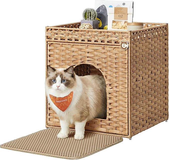 Feandrea Cat Litter Box Enclosure, Handwoven Rattan Hidden Litter Box Furniture