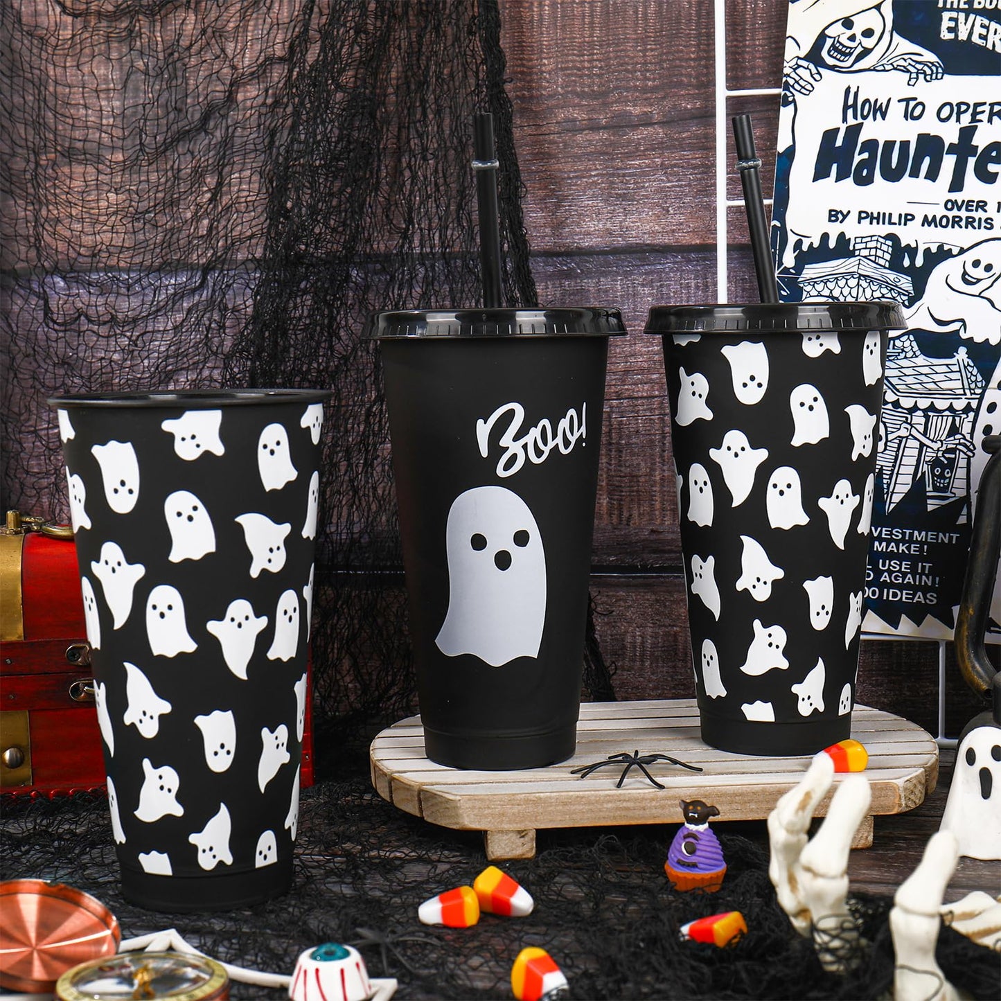 JarThenaAMCS 12 Pcs Halloween Ghost Party Cups with Lids Straws Cute Ghost Boo Plastic Tumblers Black White Reusable Water Bottle for Hot Cold Drinks Birthday Party Baby Shower Table Decor, 24 Oz